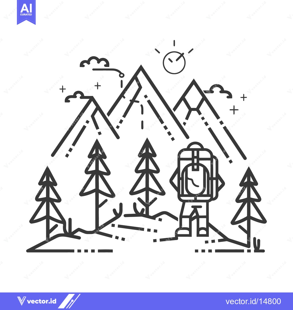Premium Vector dari A backpacker stands before mountains under a simple sun design