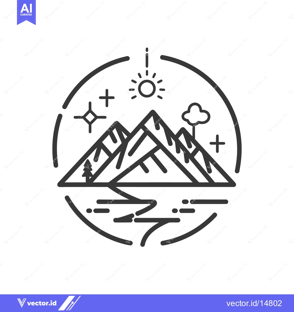 Premium Vector dari An artistic linear illustration depicting mountains sun and landscape