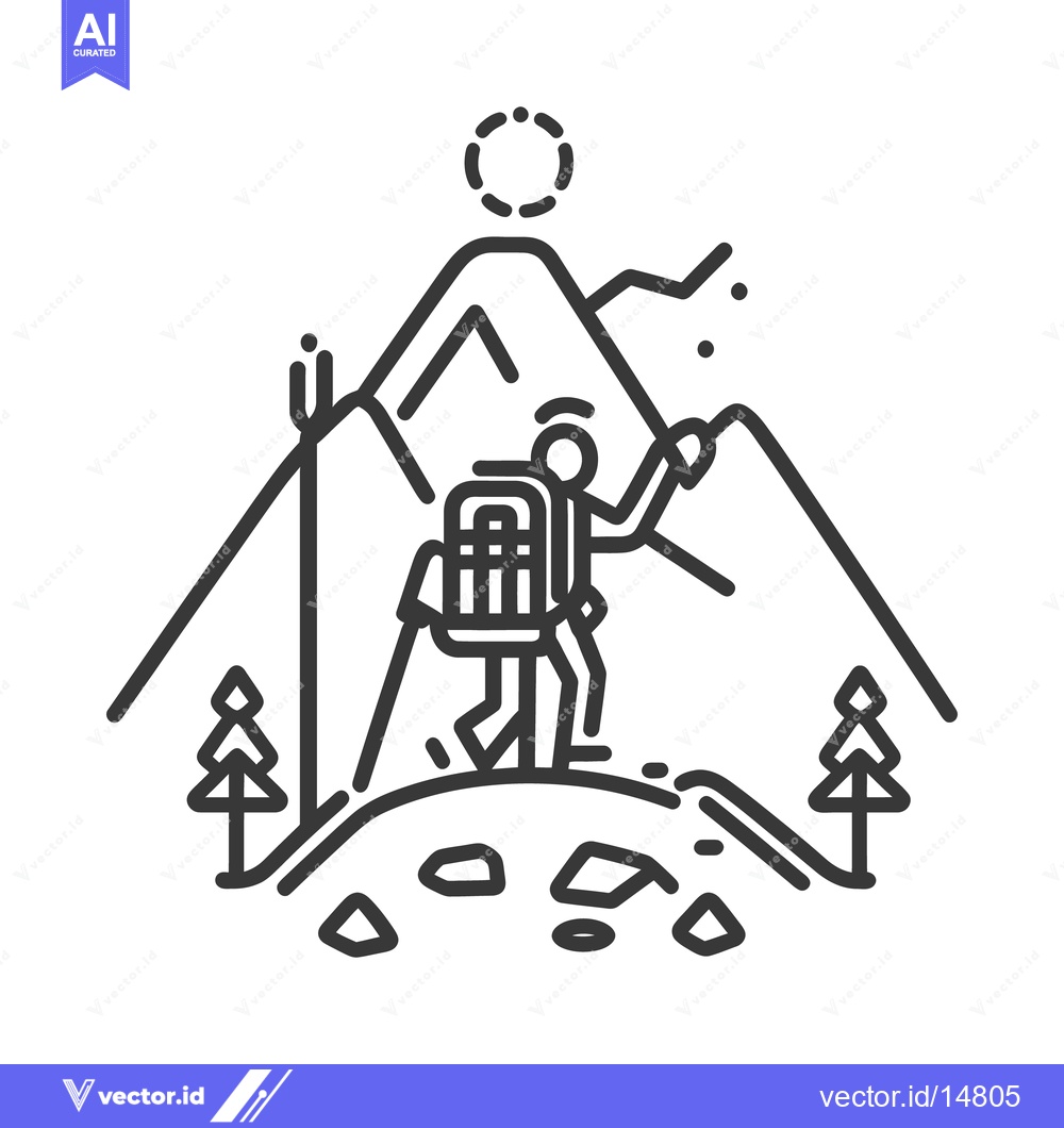 Premium Vector of A hiker climbs a mountain range during a sunny daytime adventure