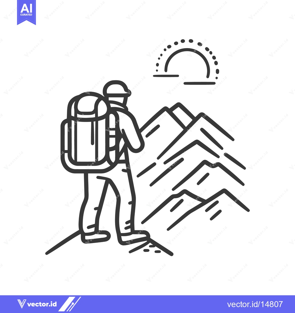 Premium Vector dari A hiker views the mountains and sun in a line art depiction