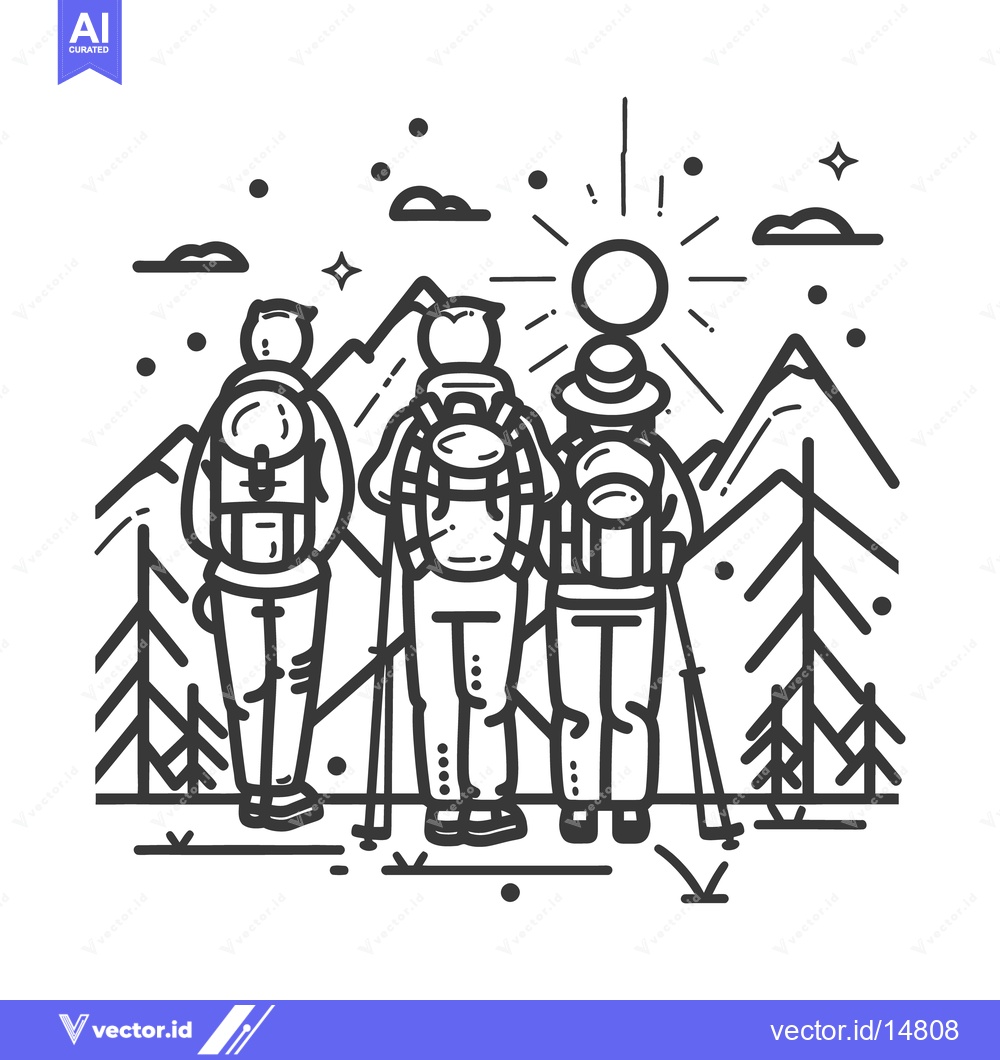 Premium Vector dari Three hikers stand admiring a scenic mountain landscape with trees