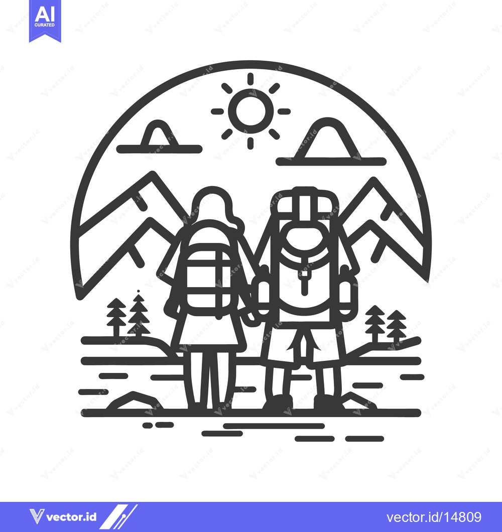 Premium Vector of Two people hiking and admiring mountain landscapes under the sun