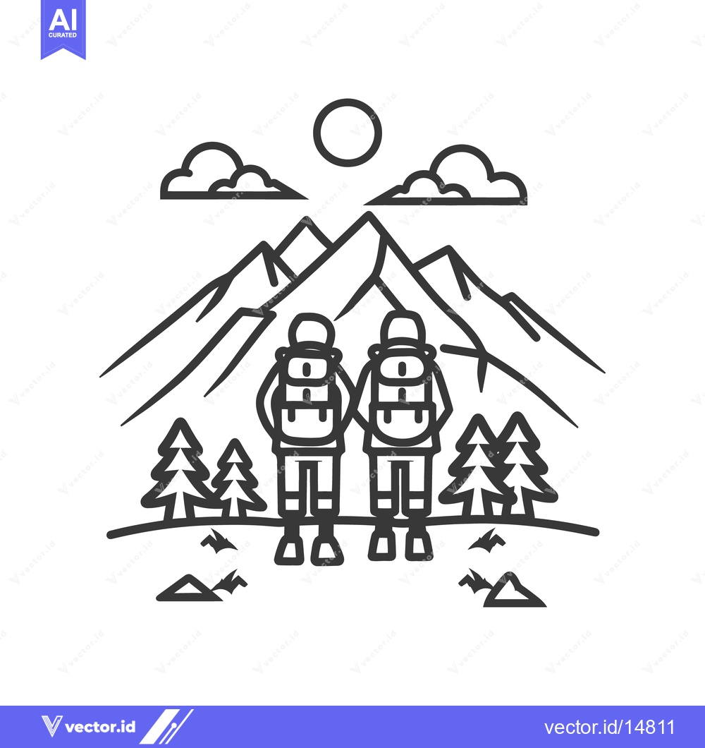 Premium Vector dari Two backpackers observing mountains and trees under sunny skies