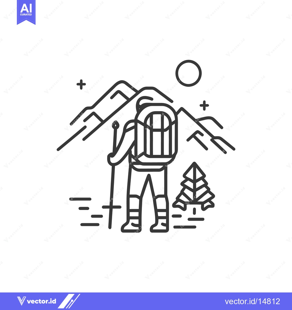 Premium Vector dari A person hiking in mountains with a large backpack and stick