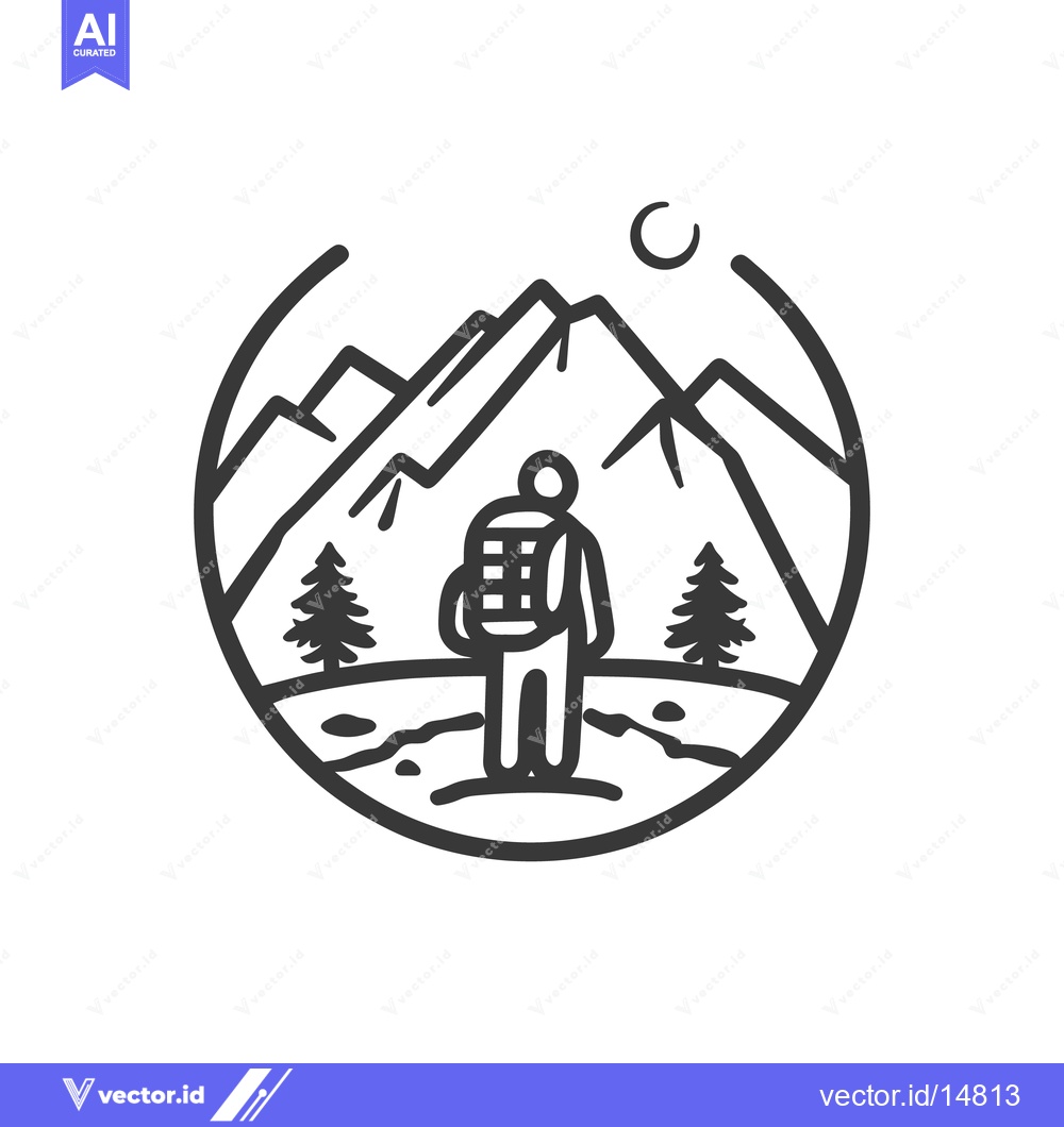 Premium Vector of An illustration of a hiker admiring mountain peaks under the moon
