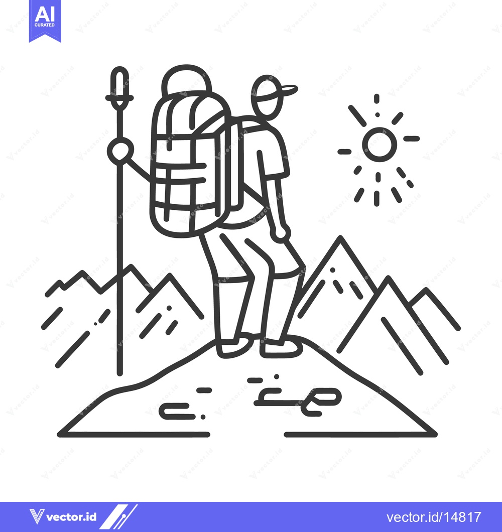 Premium Vector dari A hiker is climbing a mountain with a backpack and hiking stick