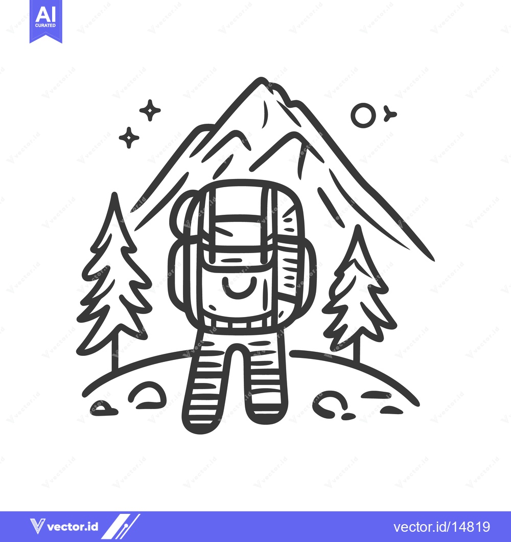 Premium Vector dari A cartoon backpack character stands before a towering mountain range