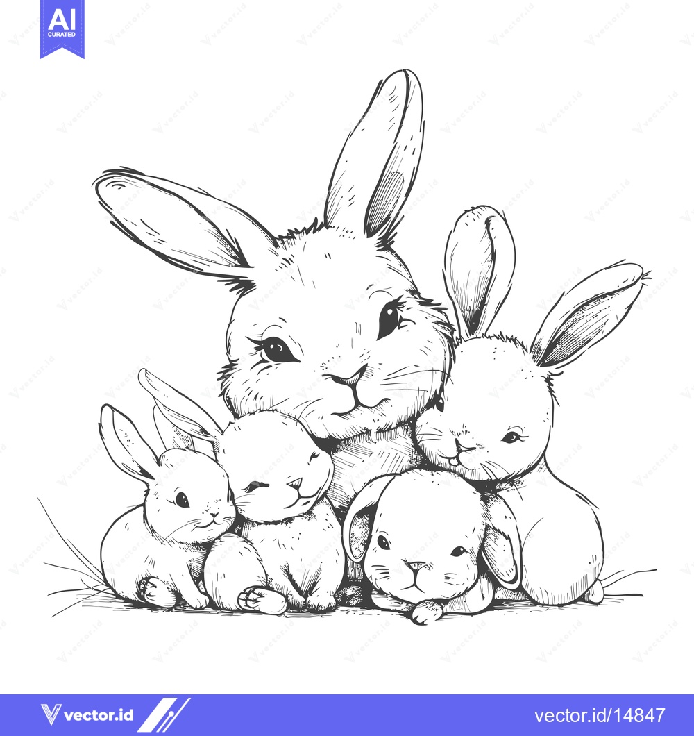 Premium Vector dari A Family of Four Bunnies Huddled Together in a Hand-Drawn Sketch