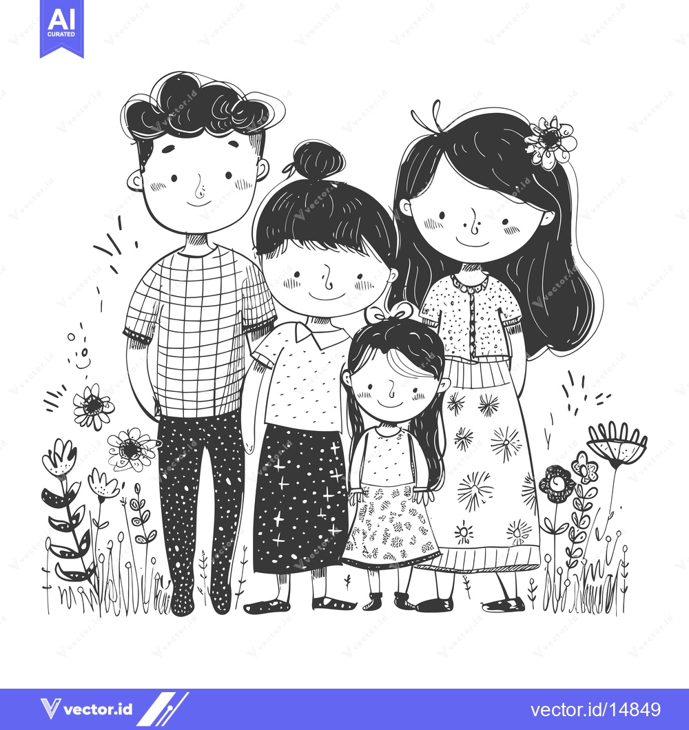Premium Vector dari A Family of Four Standing Together in a Field of Flowers