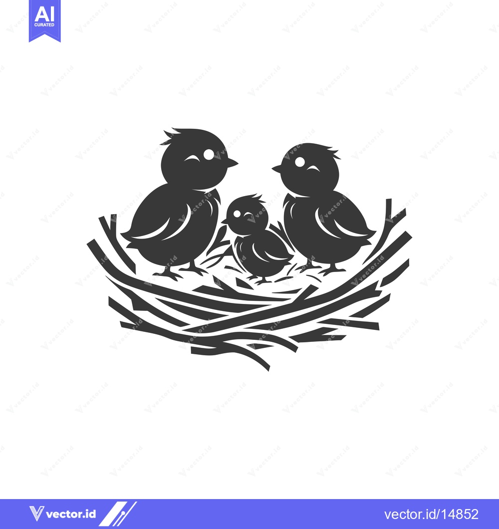 Premium Vector of A Family of Three Birds Nestled in a Nest