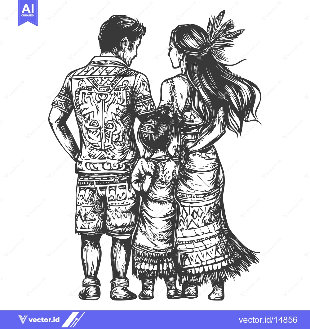 Premium Vector dari A Family of Three in Traditional Clothing, Standing Back to Back