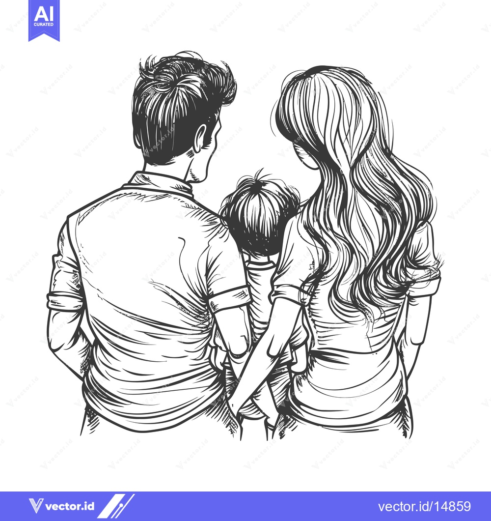 Premium Vector dari A Family of Three Viewed from Behind in a Hand-Drawn Sketch