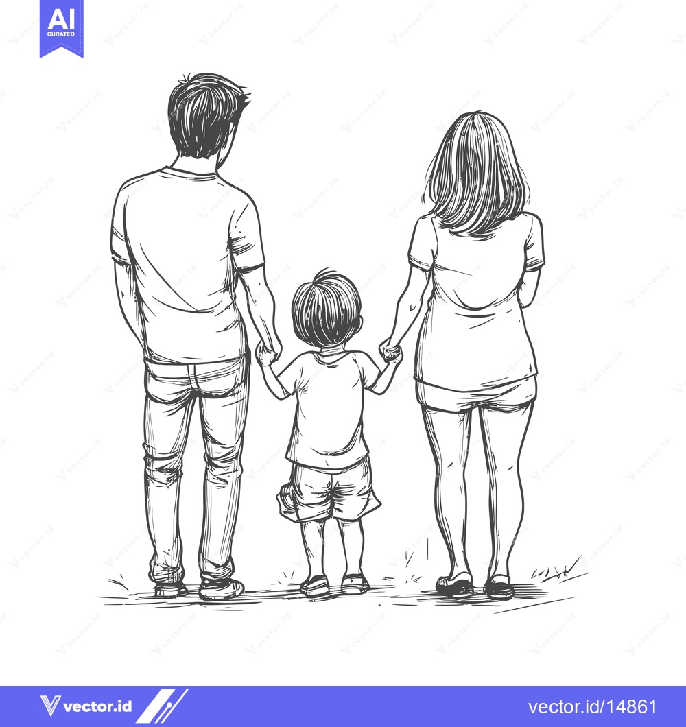 Premium Vector of A Family of Three Walking Hand-in-Hand, Seen from Behind