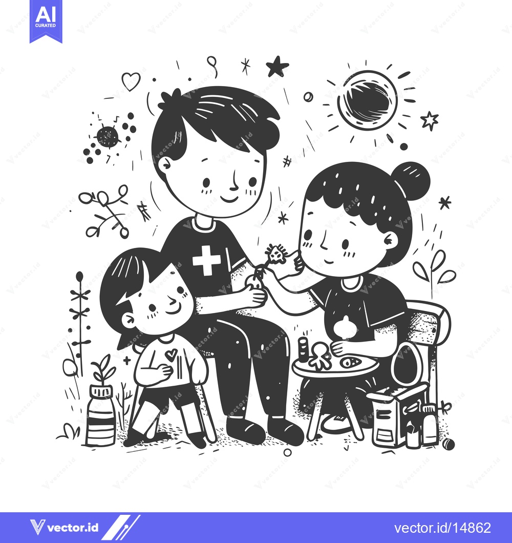 Premium Vector of A Family of Three with a Young Daughter, Sitting in a Garden Setting
