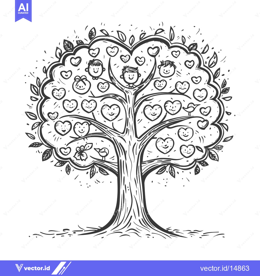 Premium Vector of A Family Tree Depicting Love and Happiness with Birds and Smiling Face