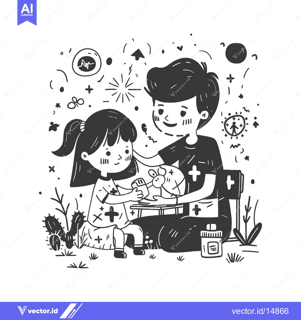 Premium Vector dari A Father and Daughter in a Medical Setting, Surrounded by Doodle-Like