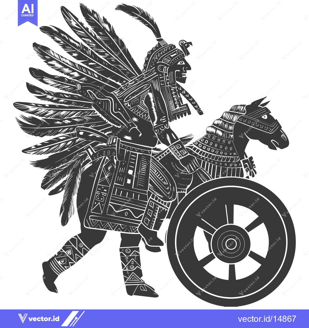 Premium Vector of A Feathered Warrior Riding a Mythical Horse with a Large Wheel