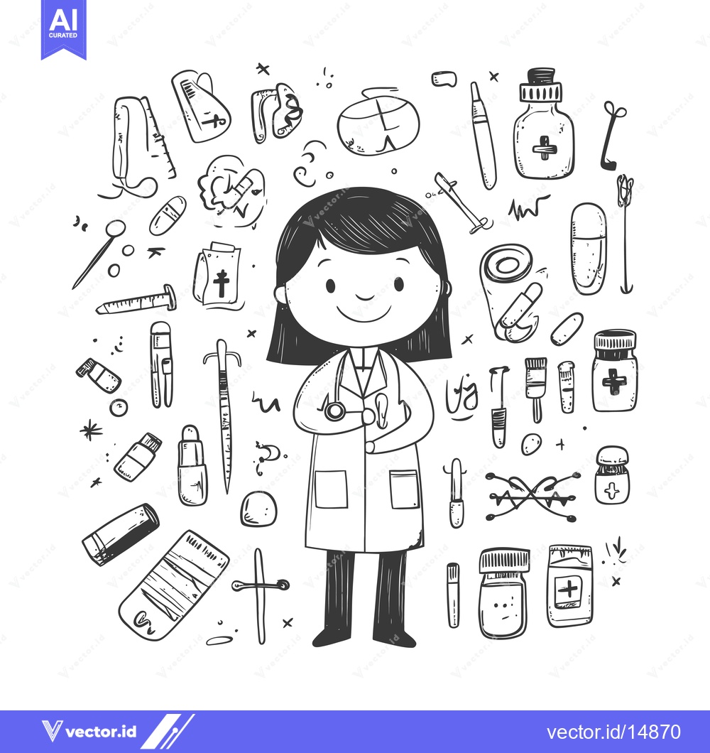 Premium Vector of A female doctor with medical supplies in a doodle style