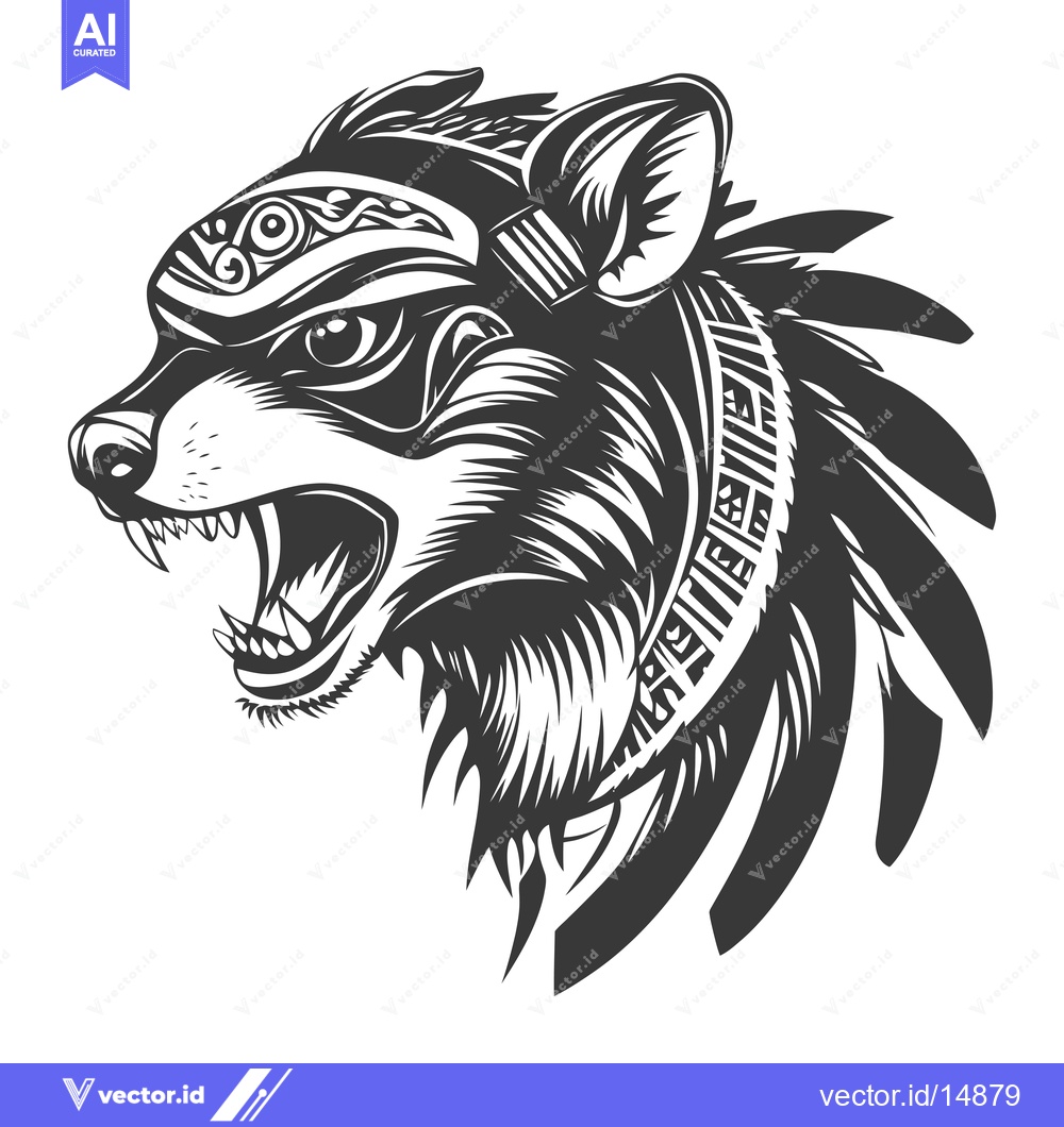 Premium Vector dari A ferocious wolf's head with tribal headdress and feathers.
