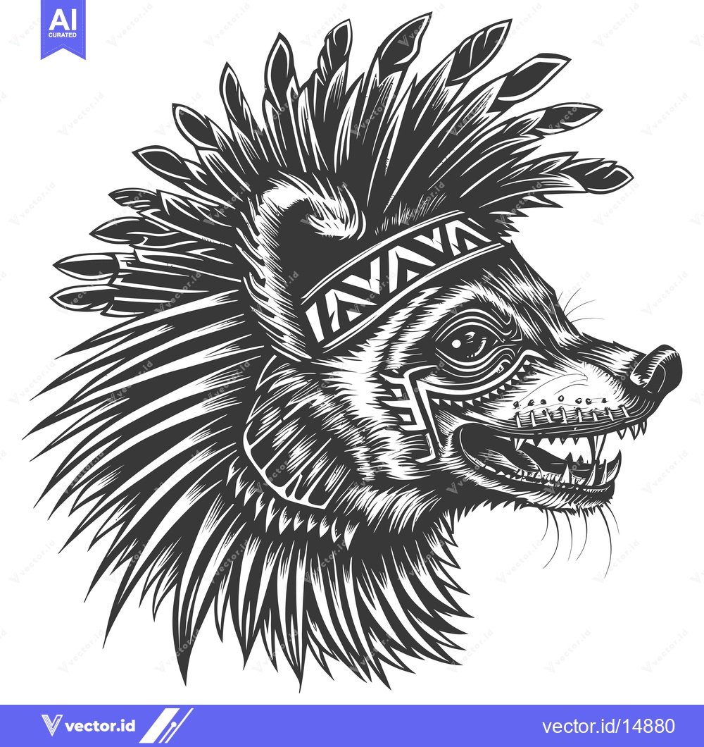 Premium Vector of A ferocious wolf with a headdress of feathers and tribal markings