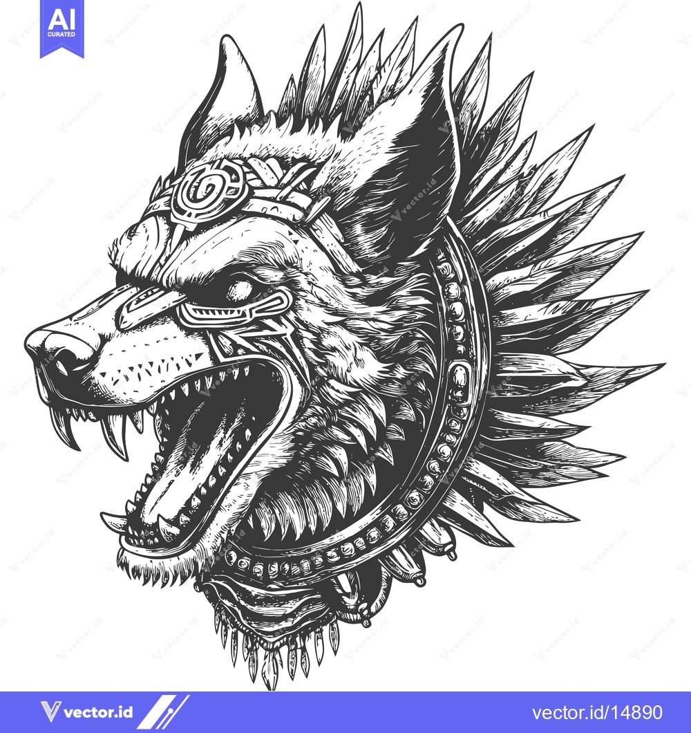 Premium Vector dari A fierce, snarling wolf's head adorned with feathers and tribal adornm