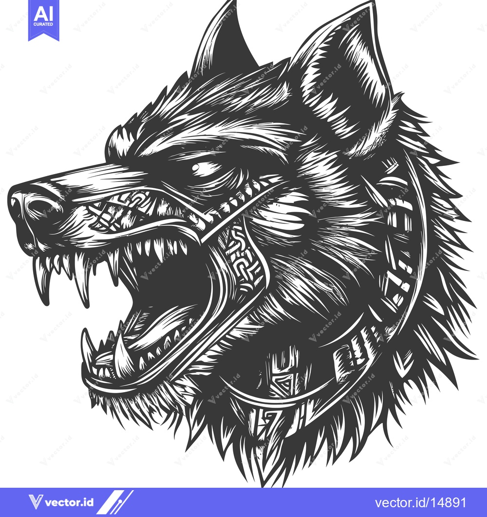 Premium Vector dari A fierce, snarling wolf's head with intricate patterns and a collar