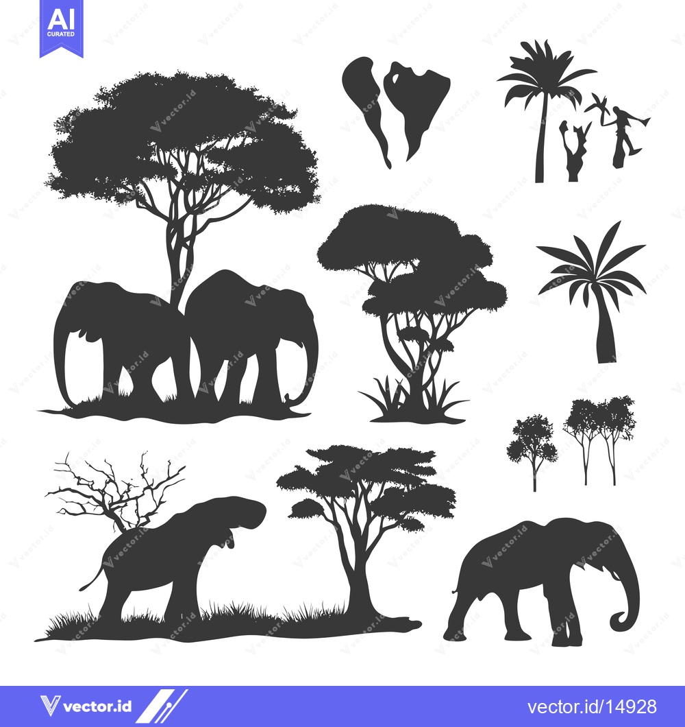 Premium Vector of African Elephant Silhouettes with Various Trees and a Palm Tree