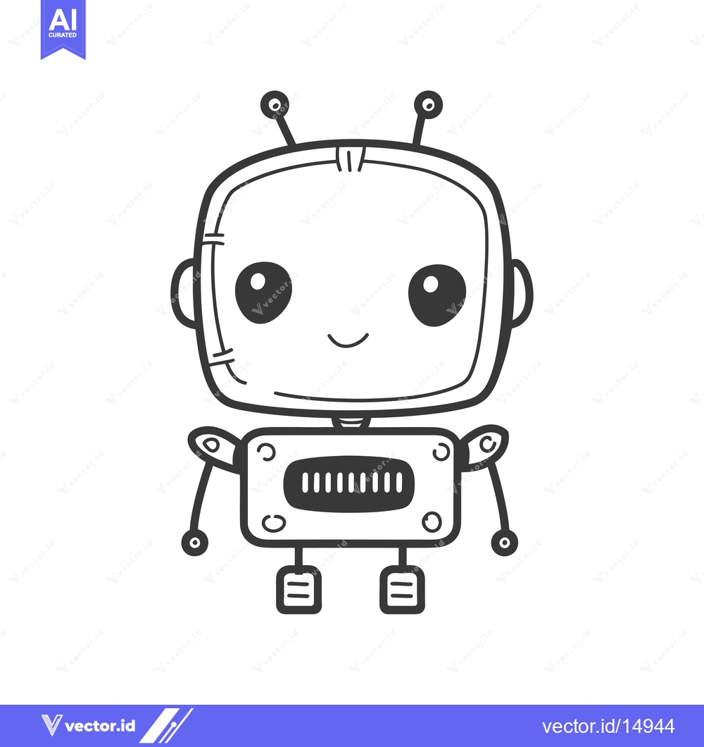 Premium Vector dari A Friendly, Hand-Drawn Cartoon Robot with Big Eyes and a Smile