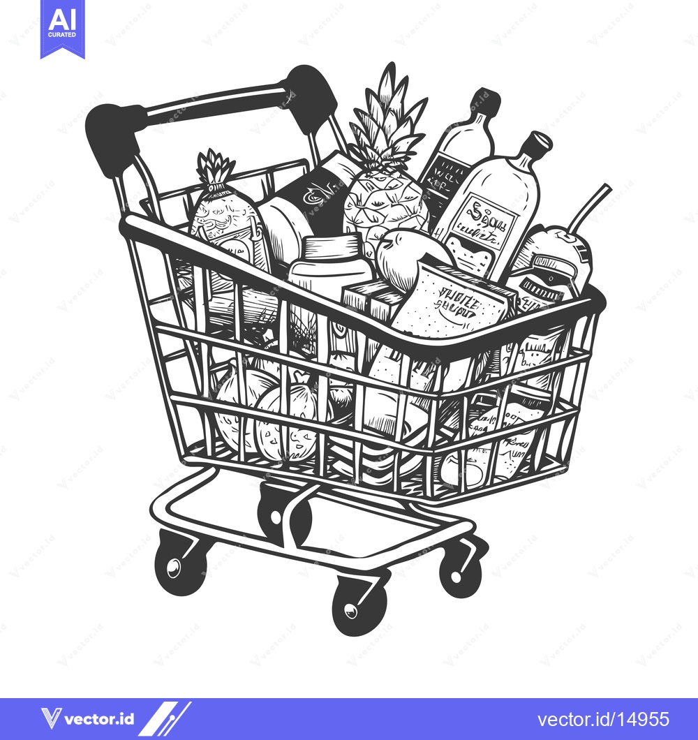 Premium Vector of A Full Shopping Cart of Groceries with Pineapple, Bottles, and Other I