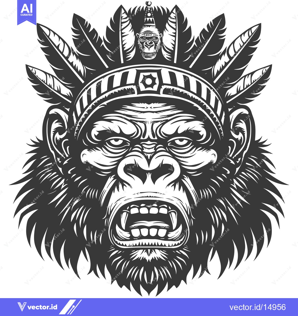 Premium Vector of A Furious Gorilla Wearing a Headdress of Feathers
