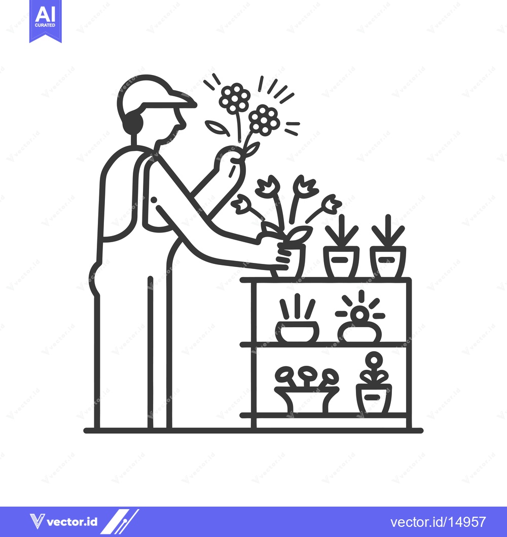 Premium Vector of A Gardener Arranging Flowers and Plants on a Shelf
