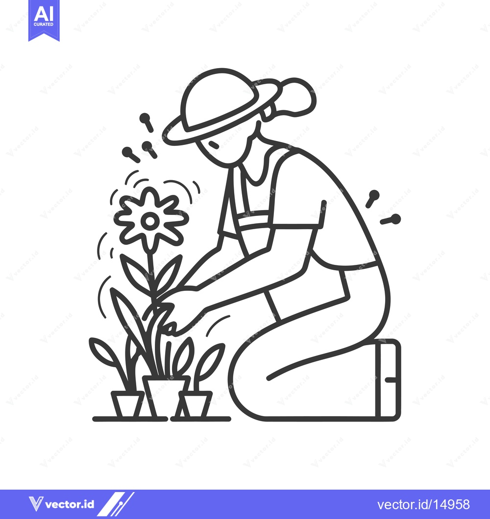 Premium Vector of A Gardener Kneeling and Planting a Flower