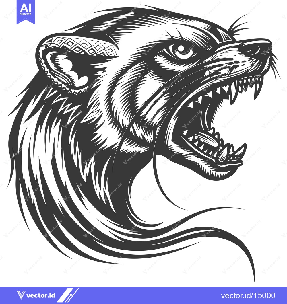 Premium Vector of Aggressive Black and White Illustration of a Badger Head