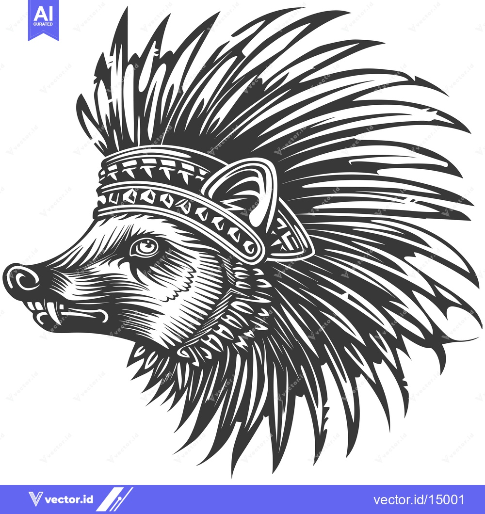 Premium Vector dari Aggressive Black and White Illustration of a Bearded Pig with Feathers
