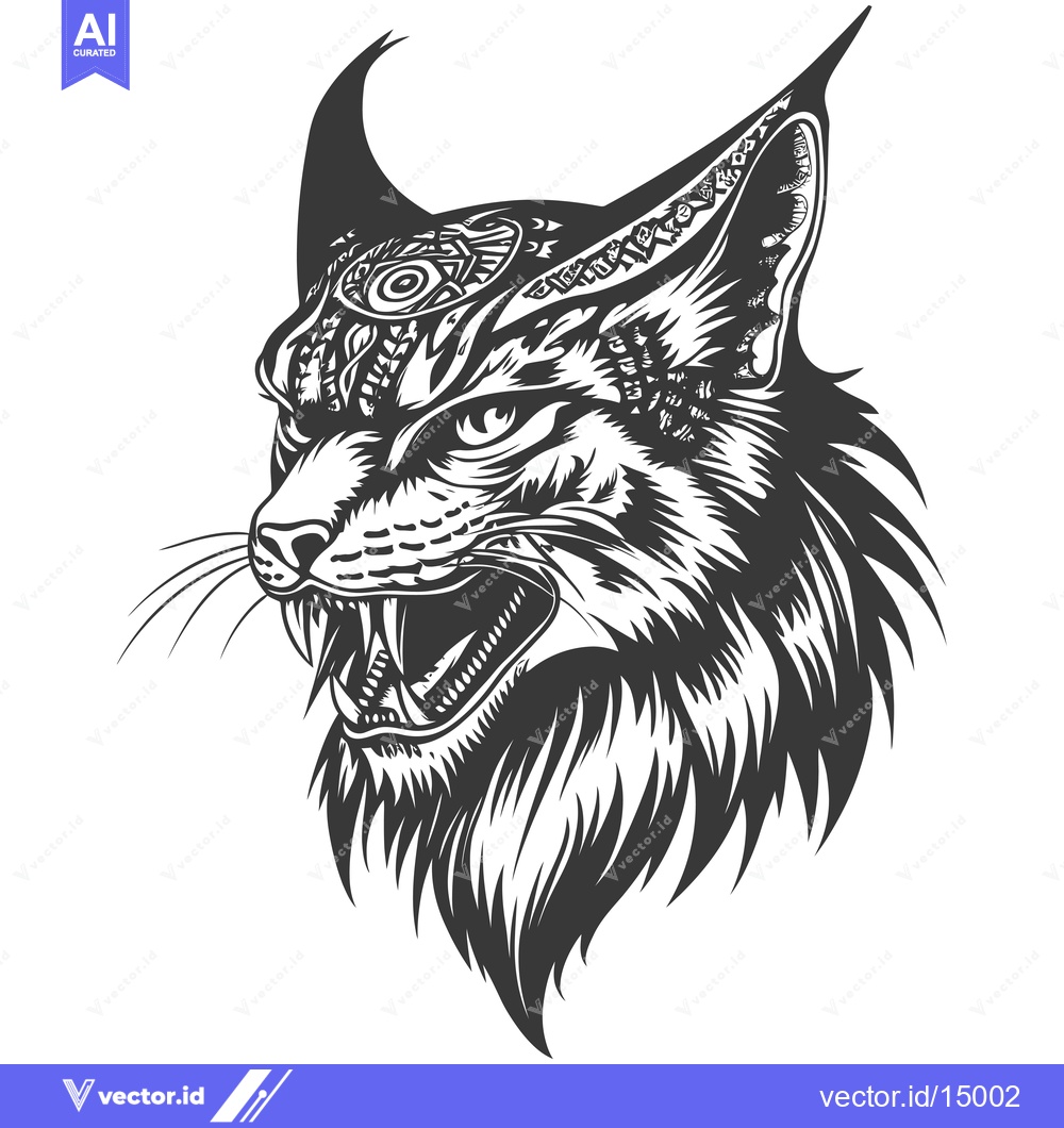 Premium Vector of Aggressive Black and White Illustration of a Bobcat's Head
