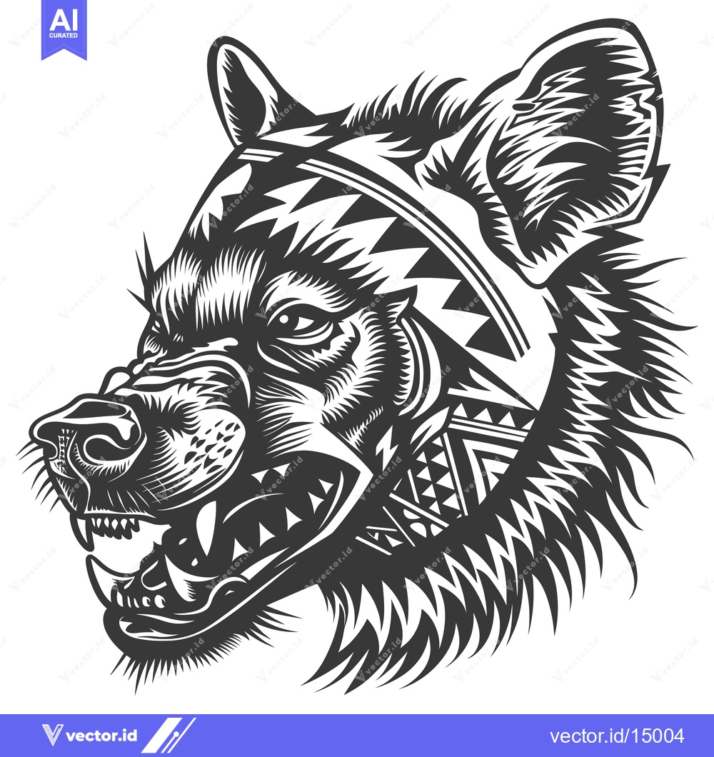 Premium Vector dari Aggressive Black and White Illustration of a Hyena Head with Tribal De