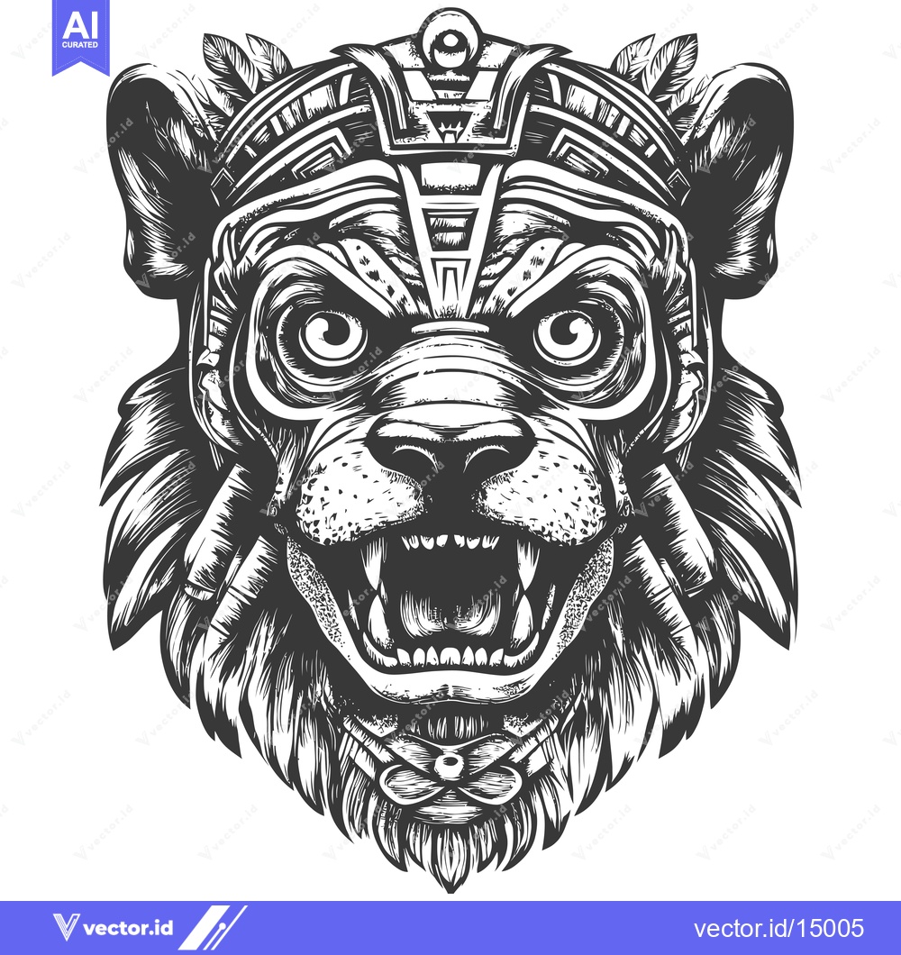 Premium Vector dari Aggressive Black and White Illustration of a Lion with Feathers and Tr