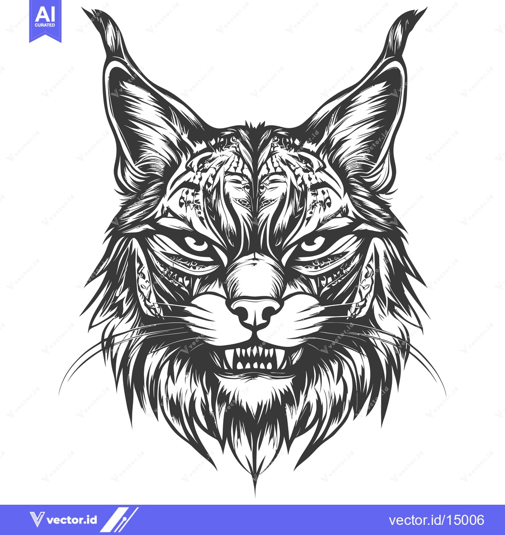 Premium Vector dari Aggressive Black and White Illustration of a Lynx's Head