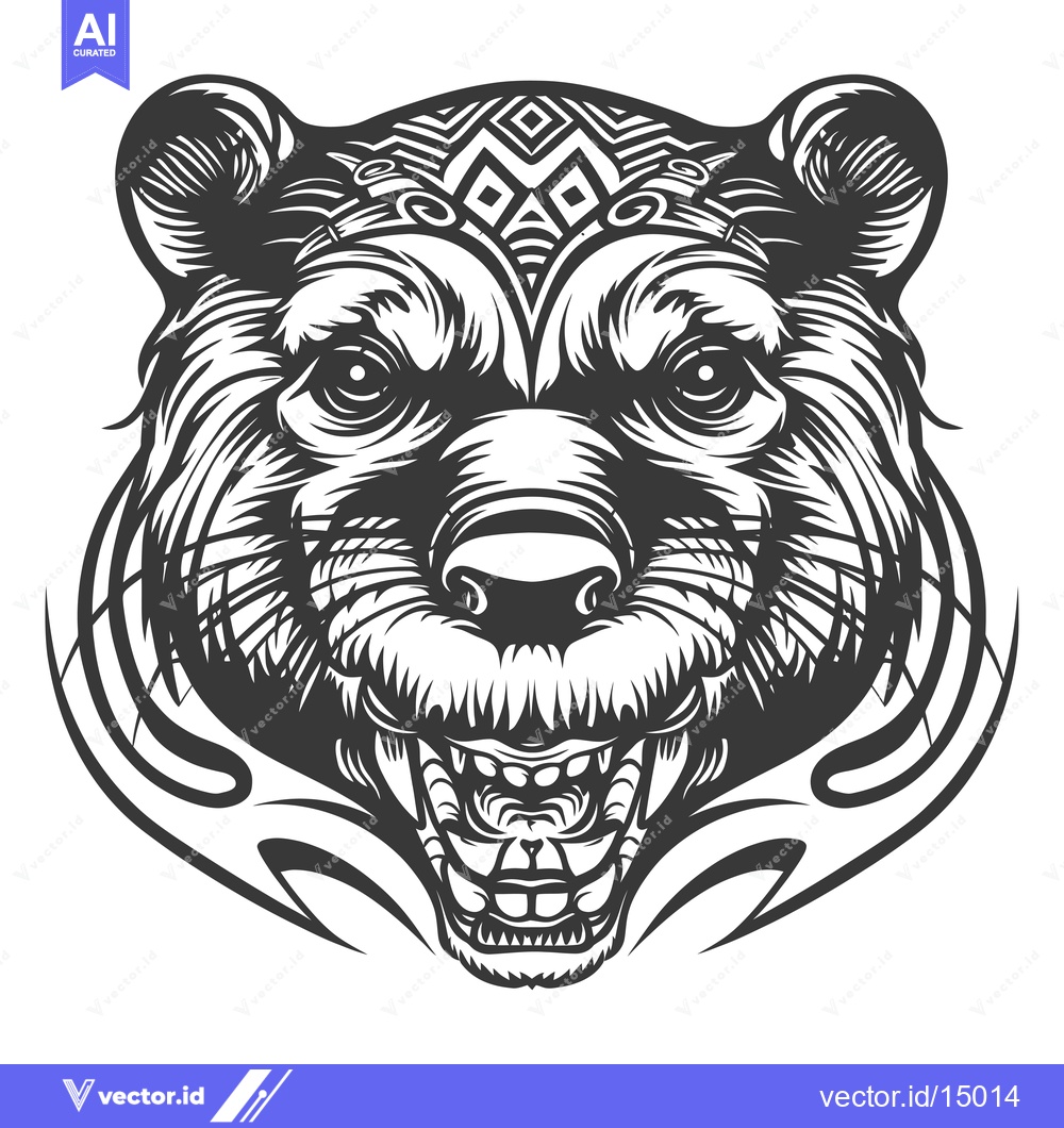 Premium Vector of Aggressive Monochrome Illustration of a Bear's Head with Tribal Design