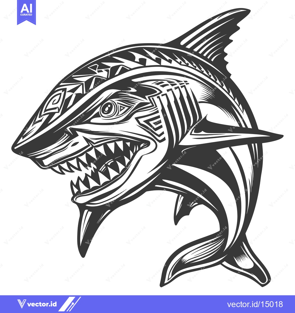 Premium Vector of Aggressive Shark with Tribal Design in Black and White