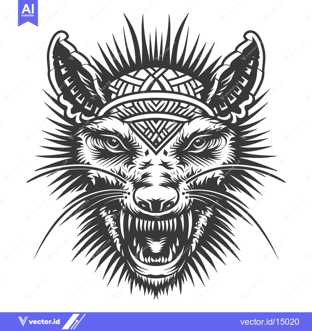 Premium Vector dari Aggressive stylized animal head with tribal patterned headwear