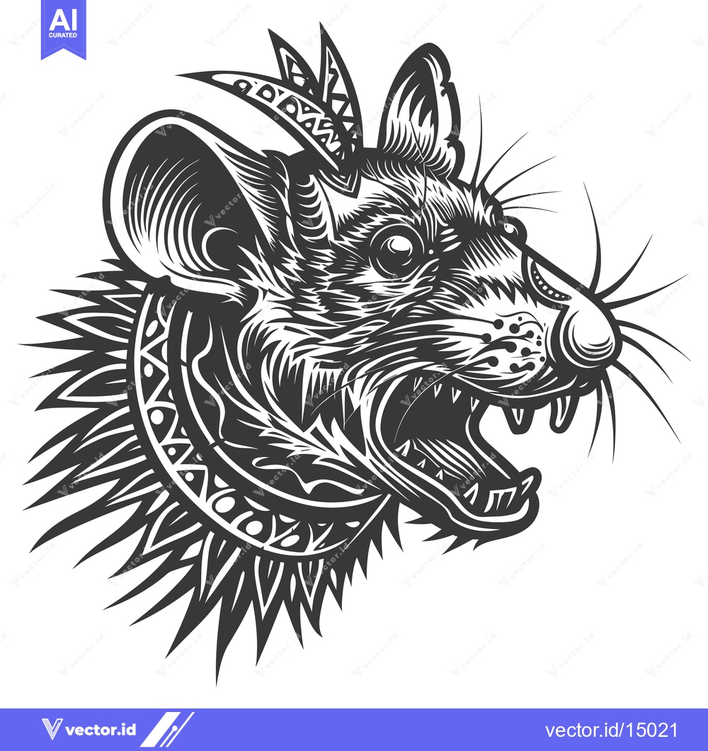 Premium Vector of Aggressive Tribal Rat with Open Mouth and Spiky Collar