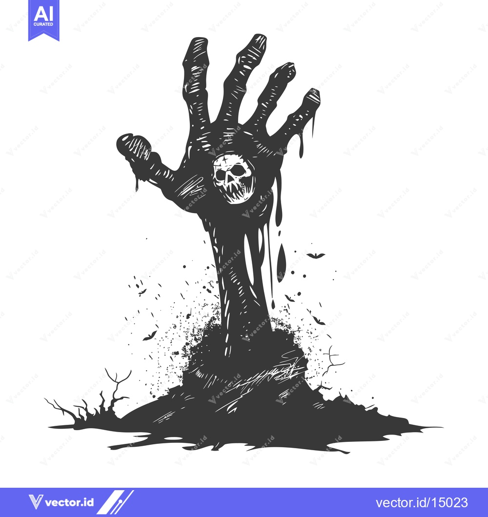 Premium Vector dari A Ghastly Hand Emerges from the Grave with a Skull Embedded in its Pal