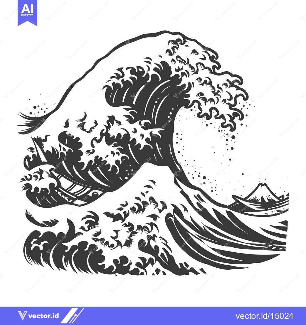 Premium Vector of A Giant Wave Crashing Over Mount Fuji in Black and White