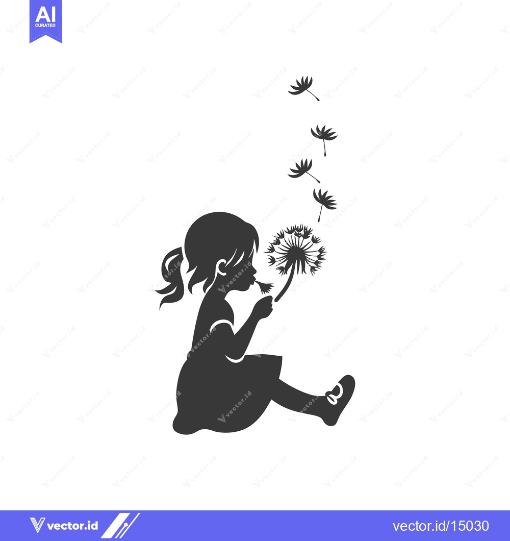 Premium Vector of A girl blowing on a dandelion with seeds flying away