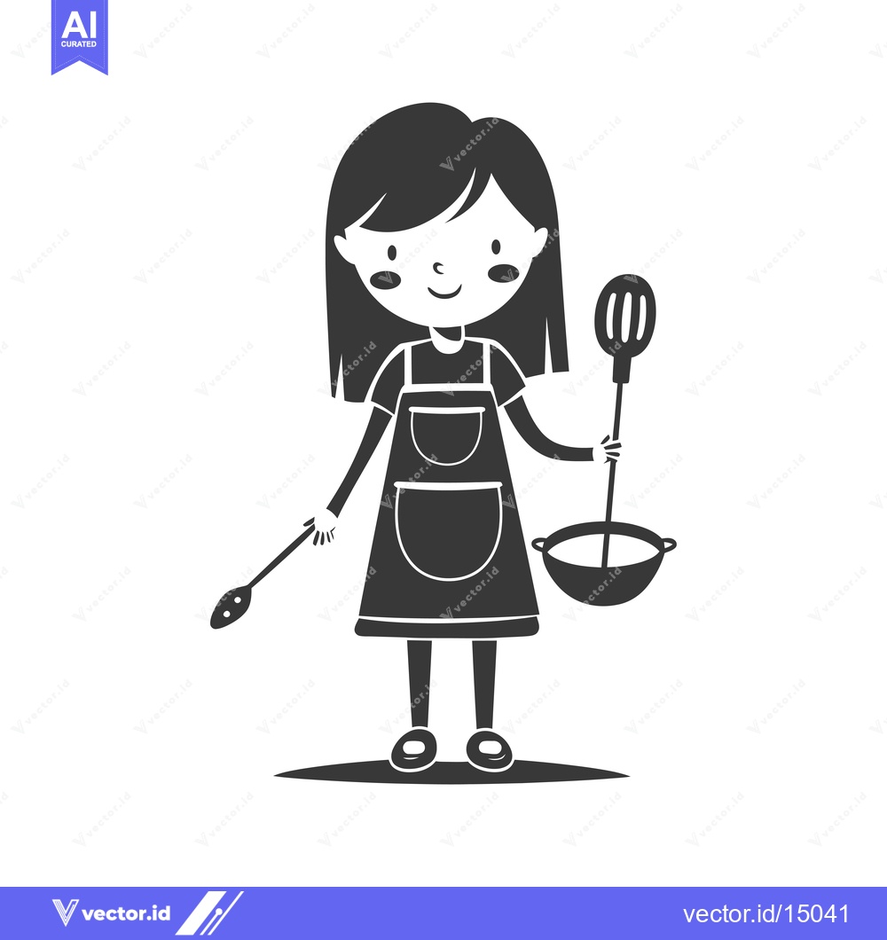 Premium Vector of A girl in an apron holding a ladle and a spoon