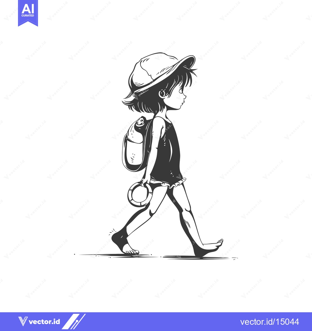 Premium Vector dari A Girl in a Swimsuit Walking with a Life Ring and Backpack