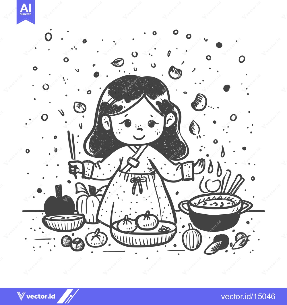Premium Vector dari A Girl in Traditional Korean Clothing Prepares a Meal