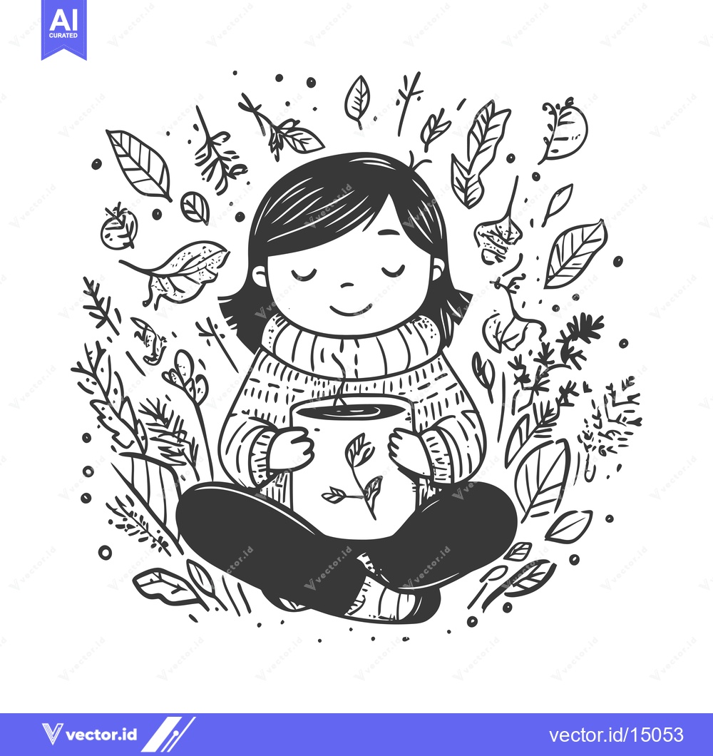 Premium Vector dari A girl sitting cross-legged, wearing a sweater and holding a steaming