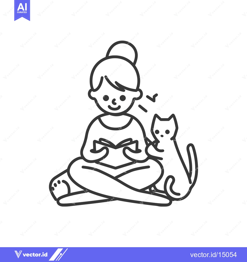 Premium Vector dari A girl sitting cross-legged with a book and a cat